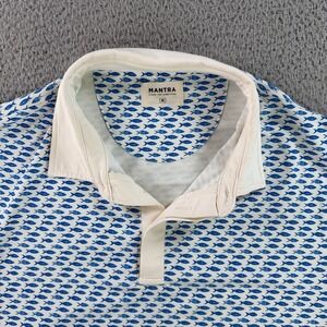 Mantra Catalyst Polo Mens Medium White‎ Blue Fish Print Short Sleeve Shirt